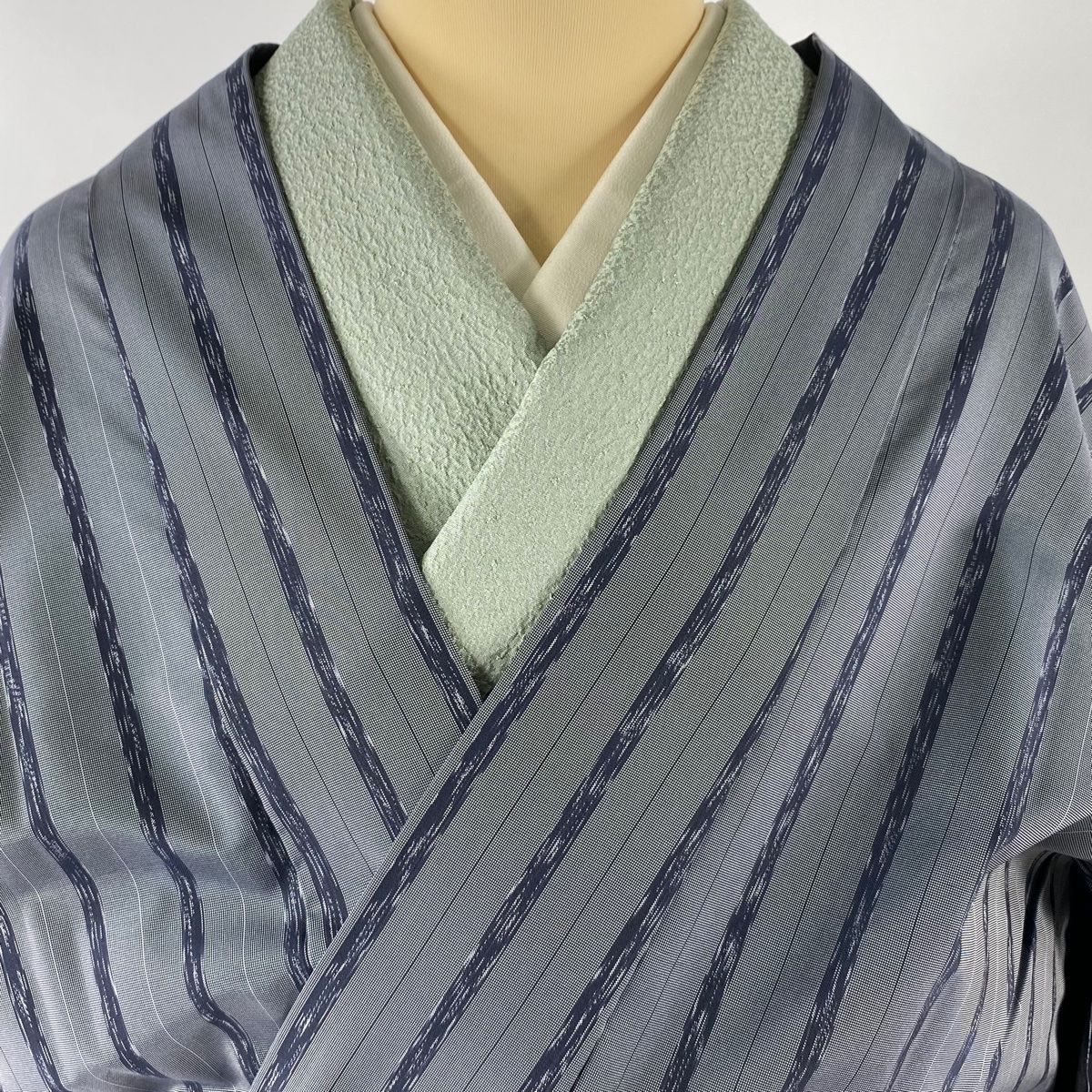 道中着 身丈110.5cm 裄丈69cm L 和装コート 縞 灰色 正絹 美品 秀品  