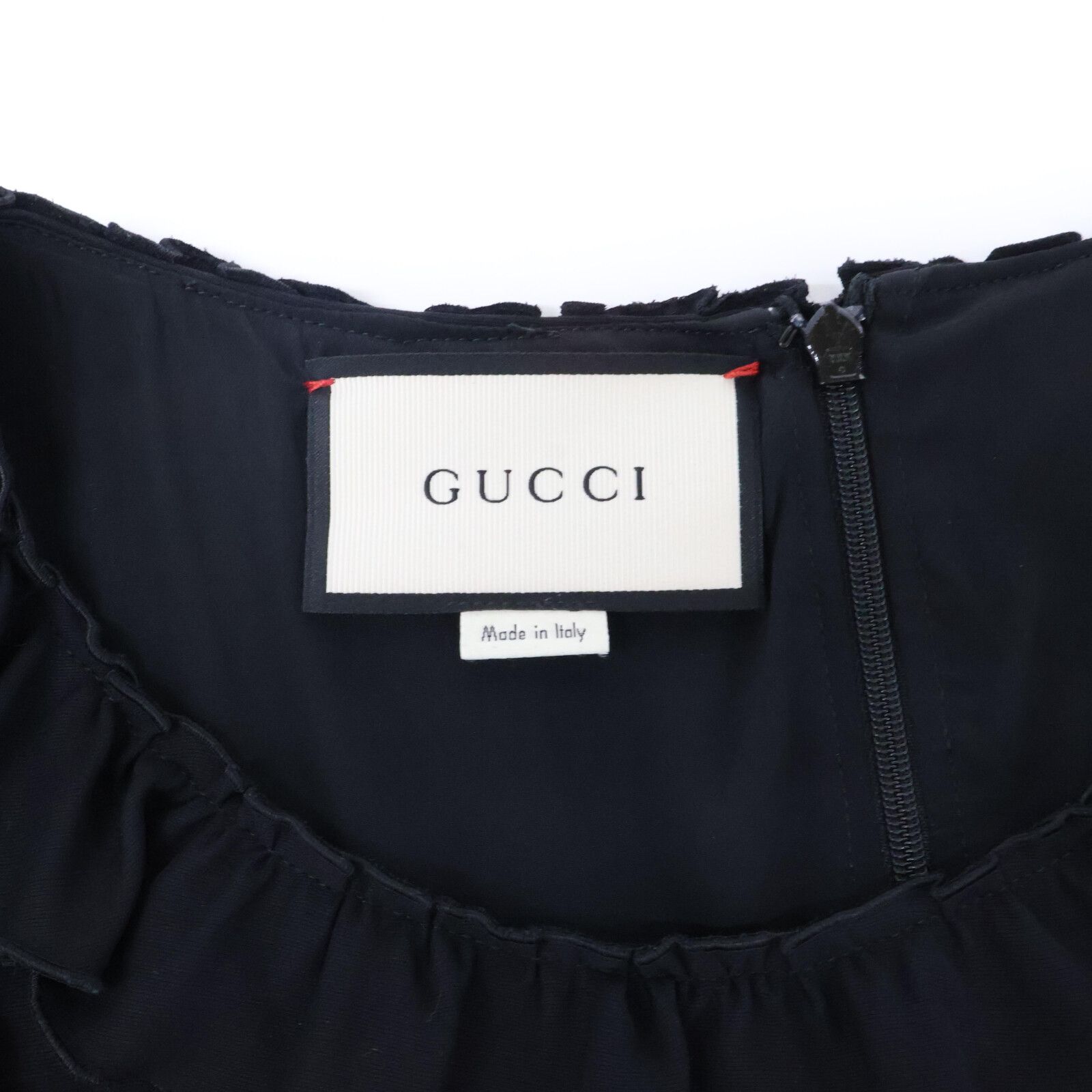 GUCCI フリル付き黒ワンピース グッチ GUCCI ワンピース ジャージー 黒 アイボリー M 長袖 ひざ