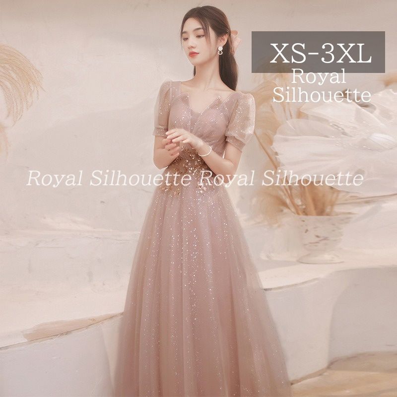 イブニングドレス パーティードレス ピンク パフスリーブ ラメ 大きいサイズ 謝恩会 ドレス 結婚式 XS S M L XL LL 2XL XXL 3XL XXXL 姫系 発表会 プリンセス ガーリー 豪華 パーティー ロング丈 お姫様