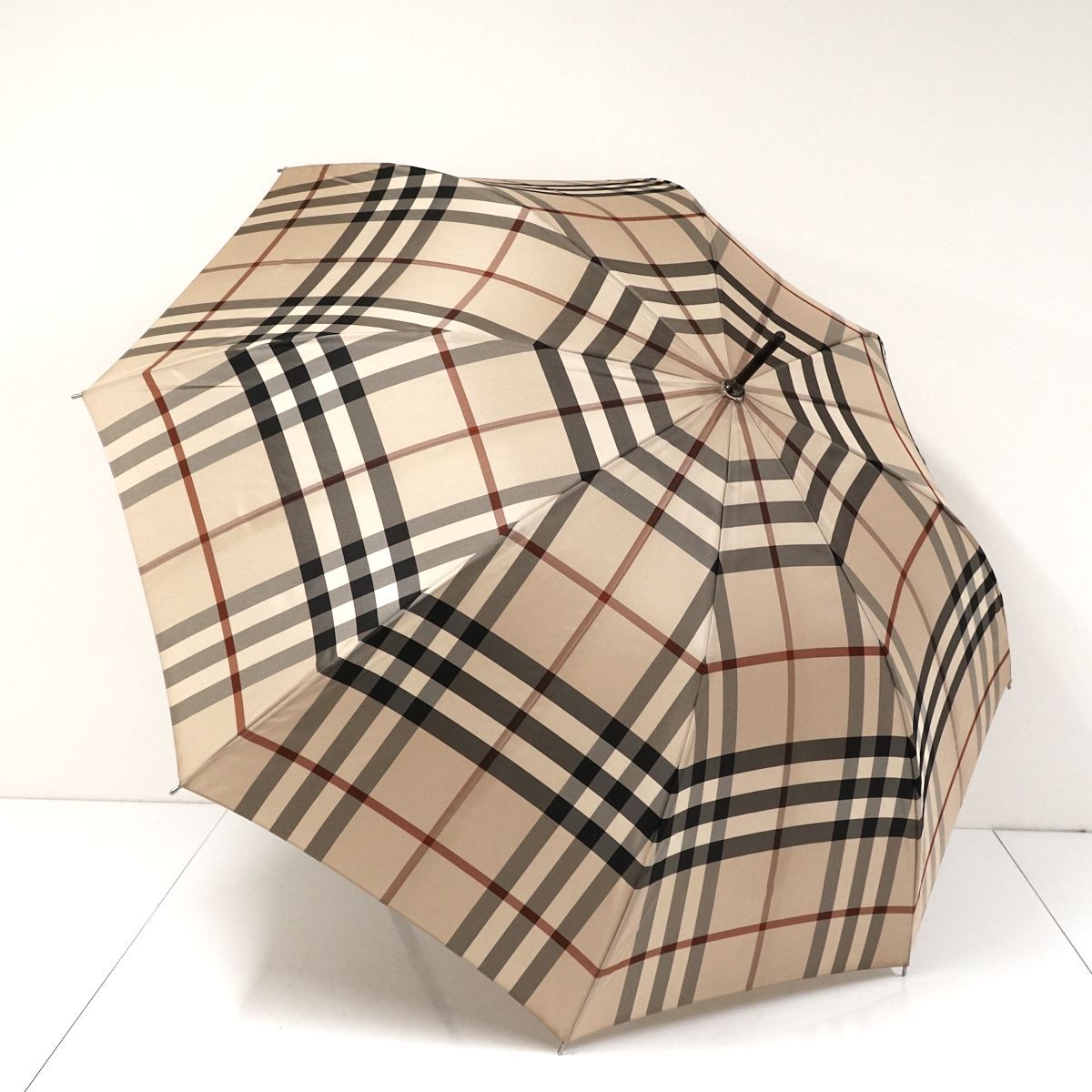 高級傘 BURBERRY バーバリー USED美品 チェック 定番柄 ベージュ グラス骨 ジャンプ レザー手元 60cm S1037