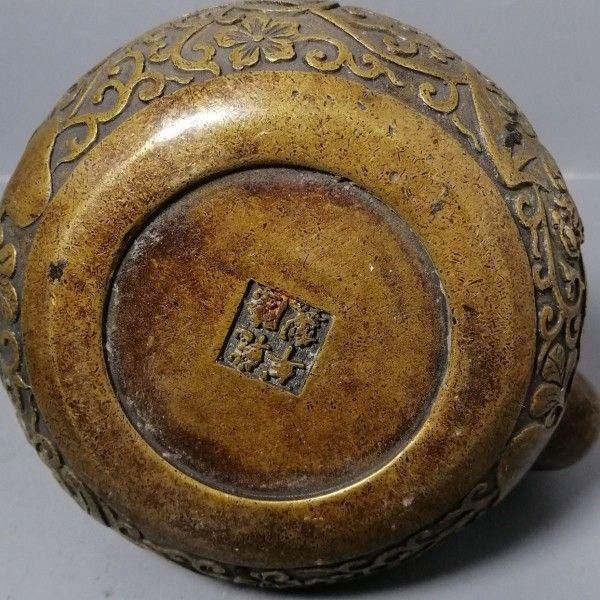 銅 細工 茶道具 浮彫り 福禄茶壺 提梁銅壺 水徳利 工芸品 美術品