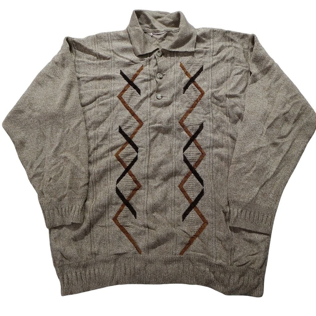 【レトロ古着】ウールニット セーター ラウンドネック ダイヤ柄 ダークカラー L