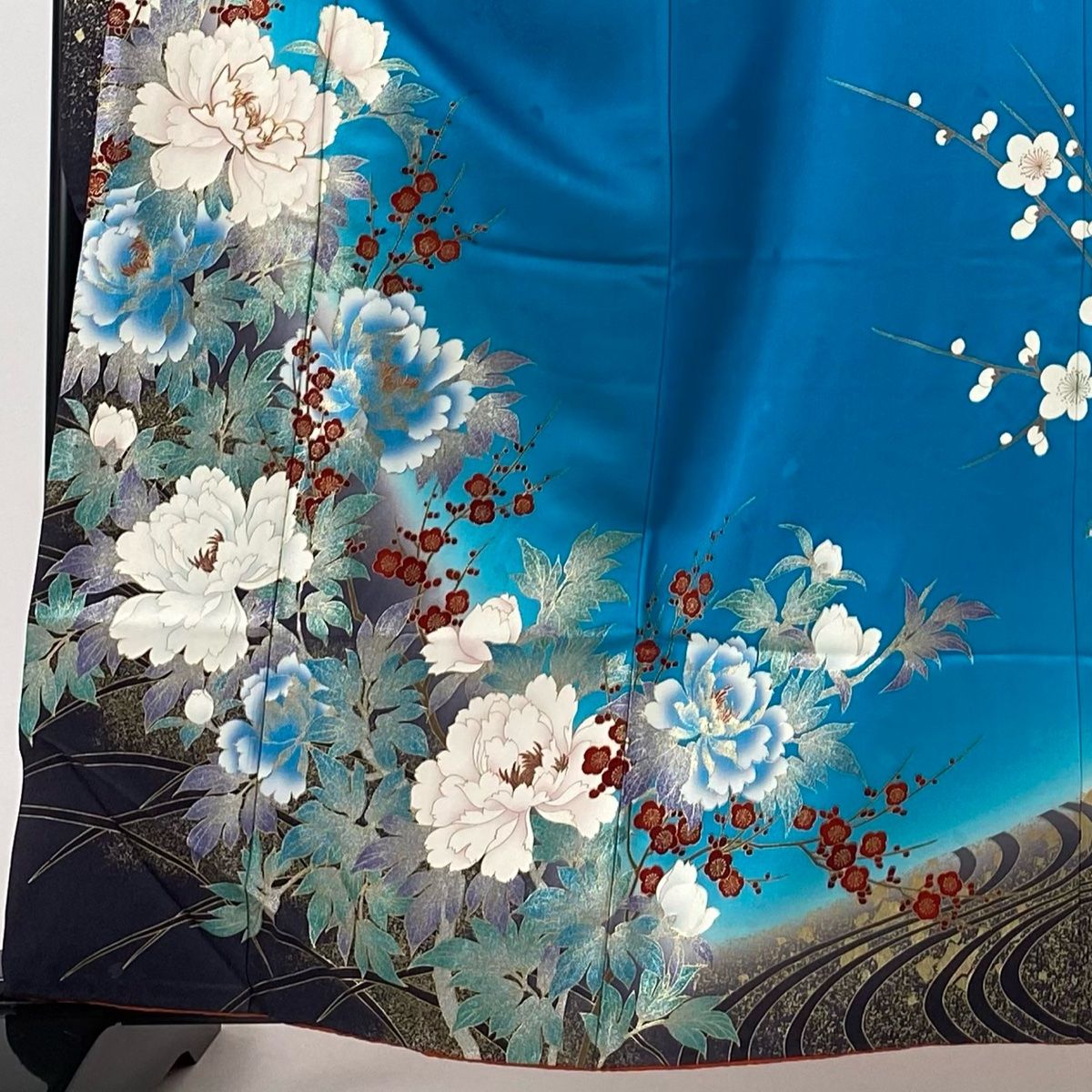 振袖 身丈160.5cm 裄丈67cm M 袷 牡丹 枝梅 金銀彩 金糸 水色 正絹