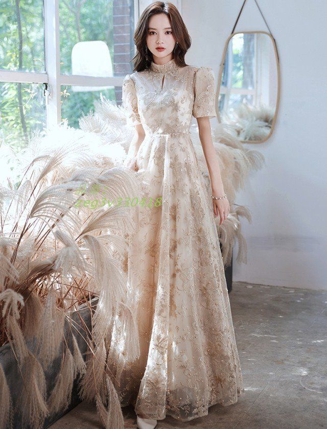 パーティードレス 結婚式 お呼ばれドレス 袖あり ハイネック ドレス 韓国 4L 半袖 3L 小さいサイズ 大きいサイズ ロングドレス ロング フ ドレス zeg3v330418