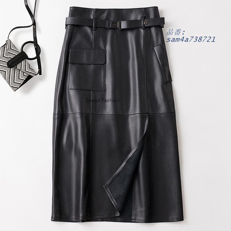 ハイウエスト スリム レザースカート レディース ポケットスカート フェイクレザースカート シンプル am4a738721