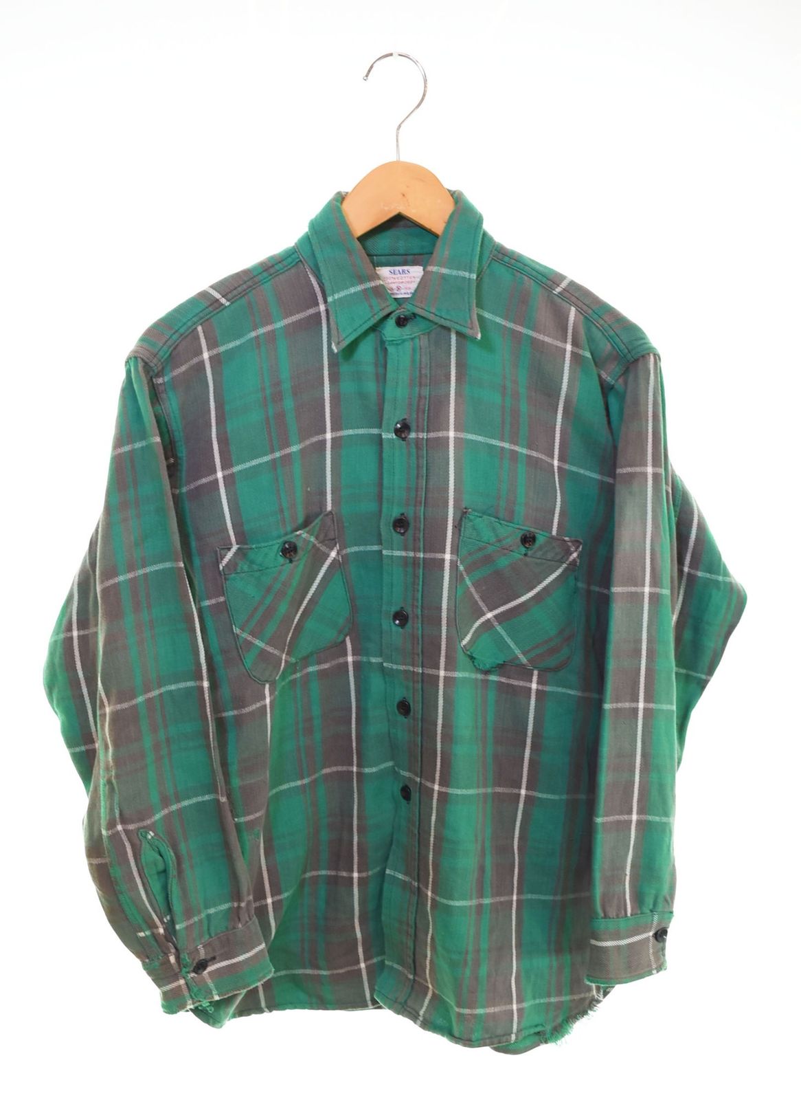 50s 60s sears マチ付き ネルシャツ 15½ グリーン シアーズ Sears ROEBUCK 50s ネルシャツ マチ付き 皿ボタン 50's