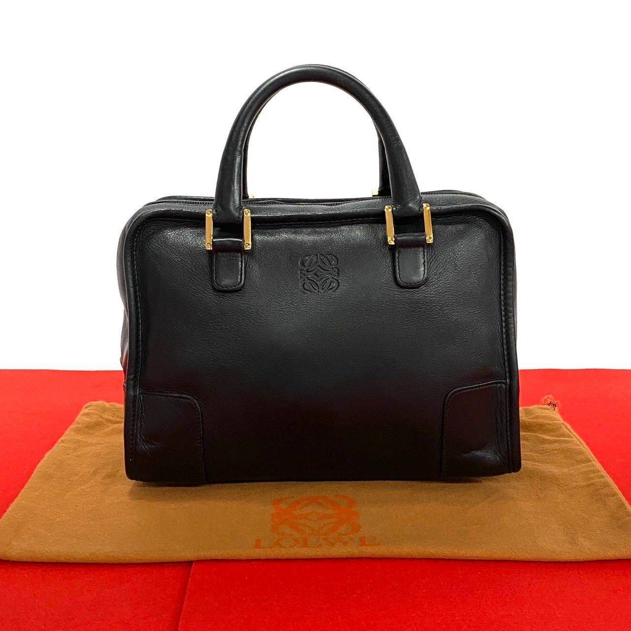 極 美品 ロエベ アナグラム ロゴ アマソナ レザー ボストンバッグ