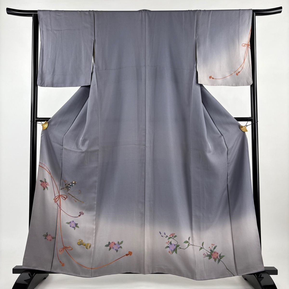 美品 訪問着 黒 枝花 金彩加工 身丈158cm 裄丈68cm お洒落 訪問着 身丈158cm 裄丈63cm S 袷 枝花 笹 金彩 ぼかし 薄小豆