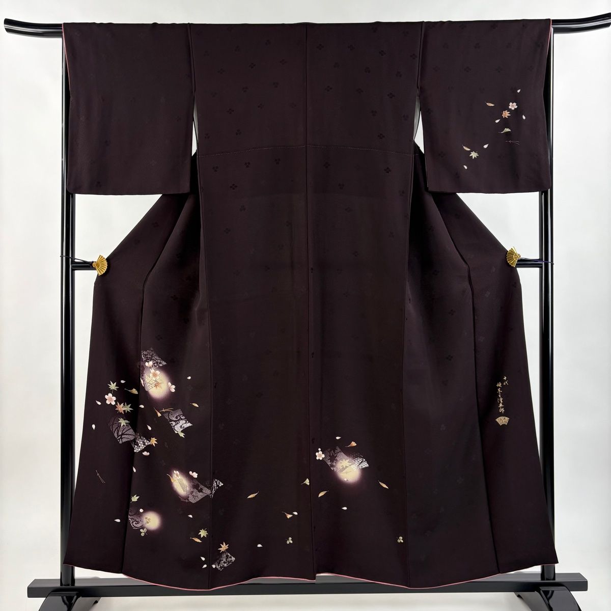 付下げ 身丈154cm 裄丈66cm M 袷 坂東三津五郎 やまと 落款 桜 楓 金彩 ぼかし 茶紫 正絹