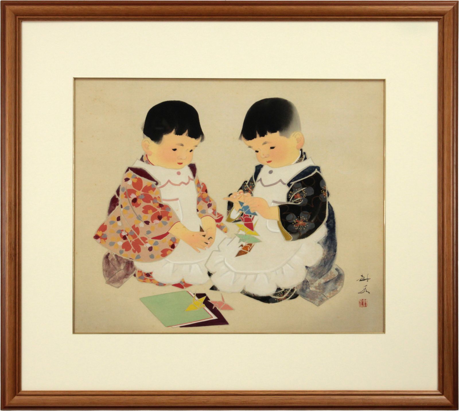 【真作】絵画　田中針水　日本画10号　童子　川合玉堂に師事　箱・黄袋入　O184 真作】【WISH】田中針水 日本画 10号大 絹本 ◇子供たち 〇童子