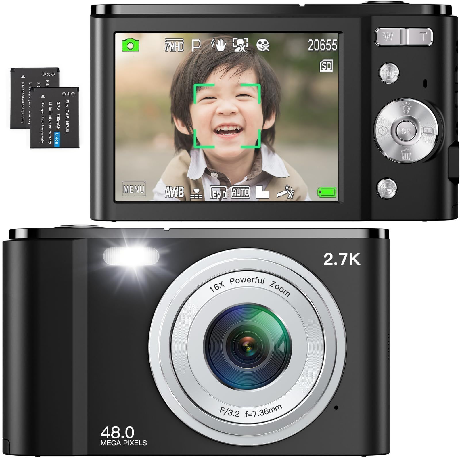 8MP CMOSセンサー搭載 手ぶれ補正 2.7K録画 デジタル16倍ズーム