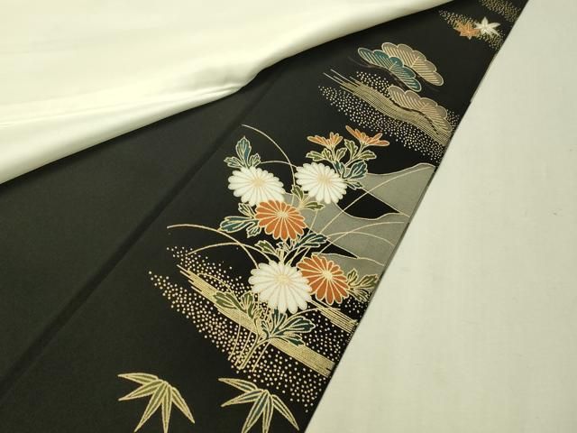 平和屋着物●本加賀友禅作家　奥原一就　黒留袖　扇面草花文　正絹　逸品　未使用　AAAT5163ck 平和屋着物○本加賀友禅作家 奥原一就 黒留袖 扇面草花文