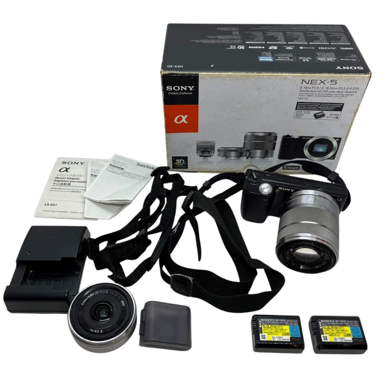 管34001 動作未 SONY ソニー NEX-5 本体 SEL18-55mm OSS ズーム SEL E2.8 16mm 単焦点 | レンズ2本セット ミラーレス一眼カメラ 現状渡し 撮影機材