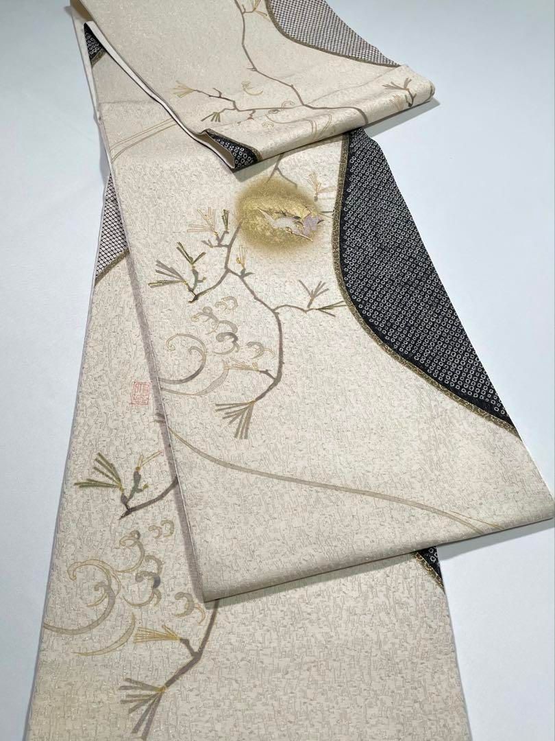 青柳謹製 袋帯 落款入 手描 絞り 刺繍 金彩 銀通し 鶴 正絹 三通 SA006 