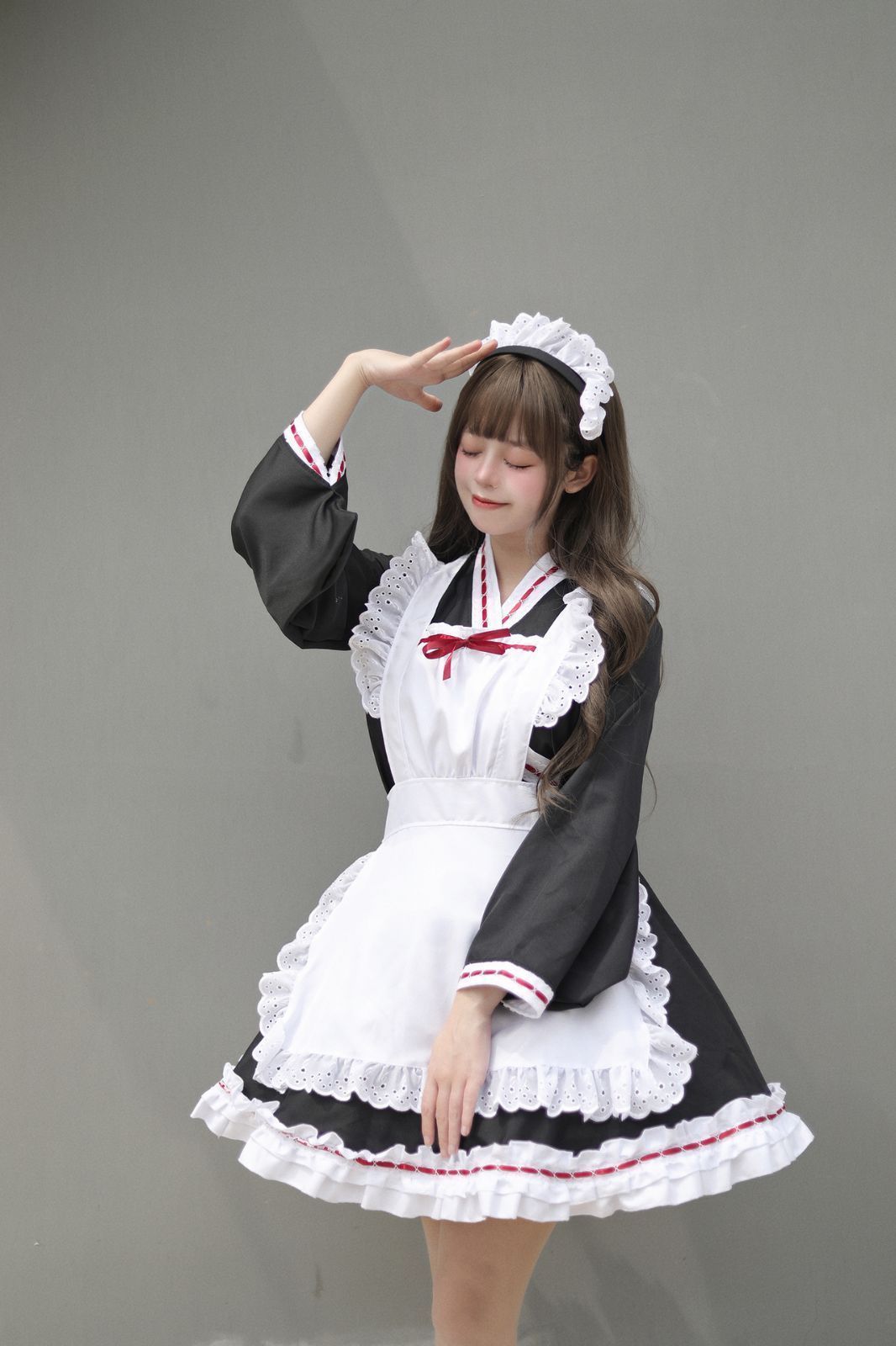 和風クラシックメイドロリータワンピース 黒×白