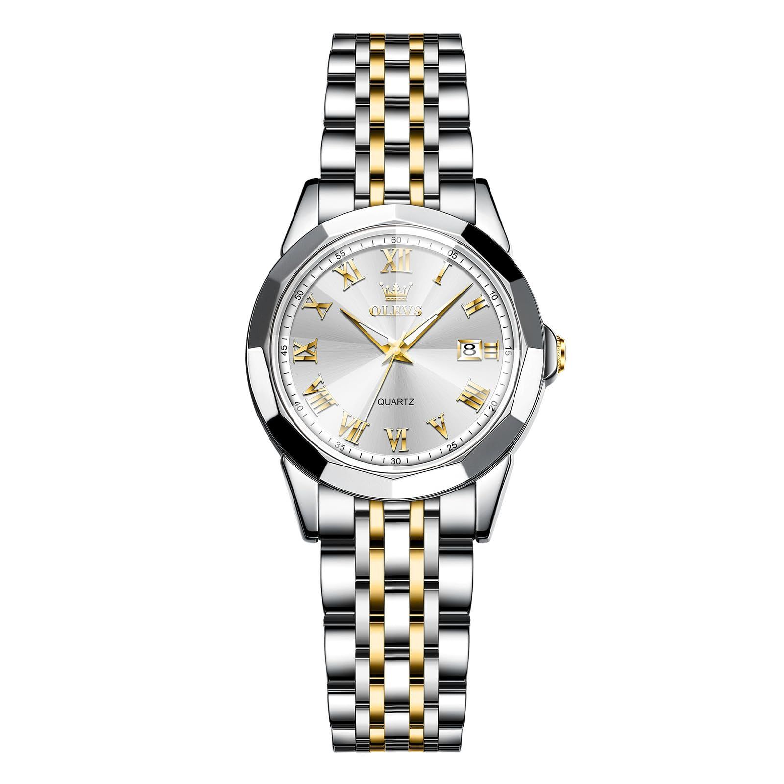 新着商品 腕時計 防水 レディース 人気 OLEVS 小さい時計ビジネス ファッション おしゃれ アナログクオーツ メタル ゴールドホワイト ステンレスバンド 女性用うで時計 日付 Women Watch 銀文字盤 クリスタル 耐圧ウォッチ かわいい カジュ