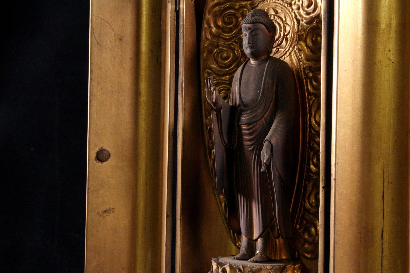 時代 木彫 阿弥陀如来立像 厨子入 41.5cm 鍍金 仏像 仏教美術 唐