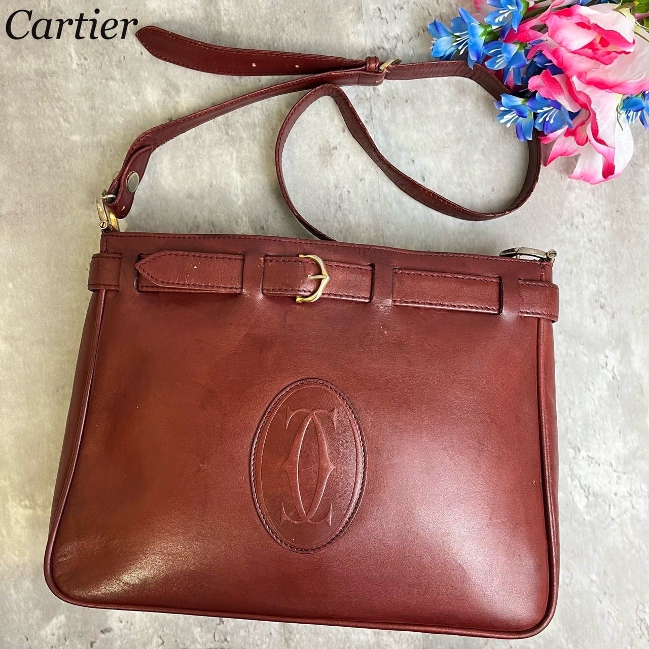 ✨美品✨ Cartier カルティエ ショルダーバッグ トートバッグ マストライン ベルト C金具 ゴールド金具 ロゴプレート ビンテージ  ヴィンテージ レザー ユニセックス レディース メンズ ボルドー 濃赤色 - メルカリ