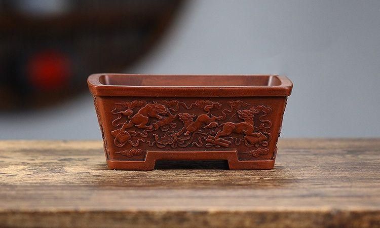 紫砂の鉢 盆栽鉢外縁釘彫鉢◇中国宜興◇ 長方鉢紫砂の鉢盆栽鉢 植木鉢 小品盆栽鉢 大品盆栽鉢