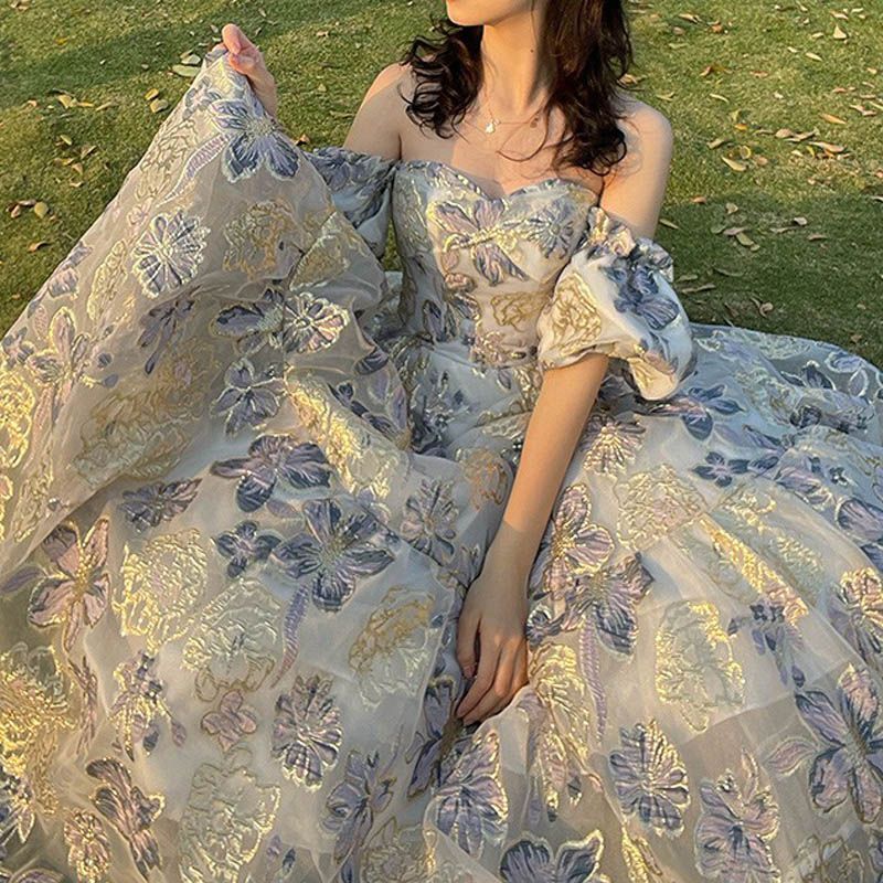 プリンセスドレス ロングドレス ウェディング 結婚式 二次会 フォーマル 前撮り用 花柄 きらきら サテン ベルスリーブ 編み上げバック ネイビーブルー kkkrck