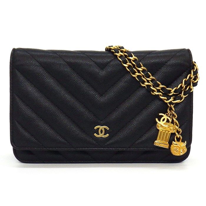 シャネル CHANEL ハンドバッグ ショルダーバッグ シェブロン チェーンウォレット ブラック グレインドカーフ (キャビアスキン) (牛革) ゴールド金具 【中古】