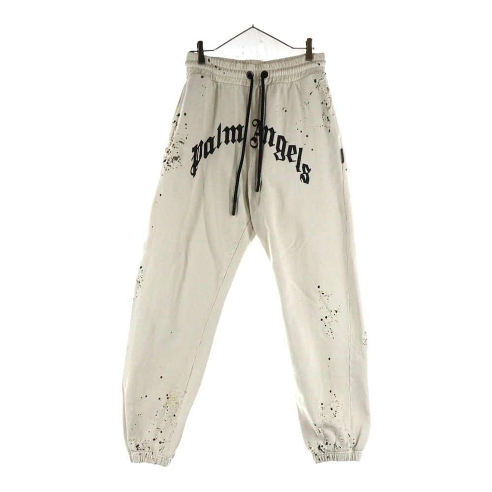 Palm Angels パームエンジェルス 25AW GLITTERED LOGO SWET PANTS グリッターロゴ ダメージ加工 スウェットパンツ アイボリー PMCH011F22FLE003