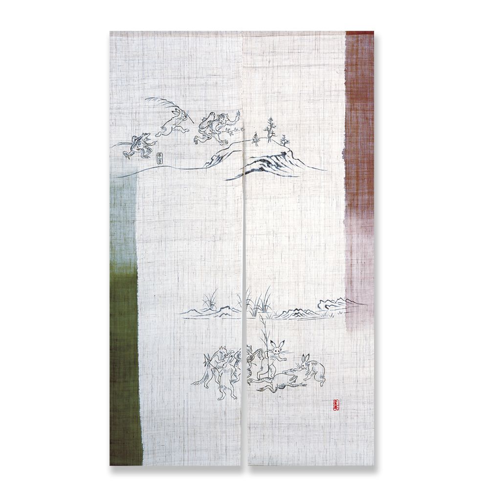 本麻 のれん 鳥獣戯画 戯れ-手描き- NK（生成）88×150 2割上部袋