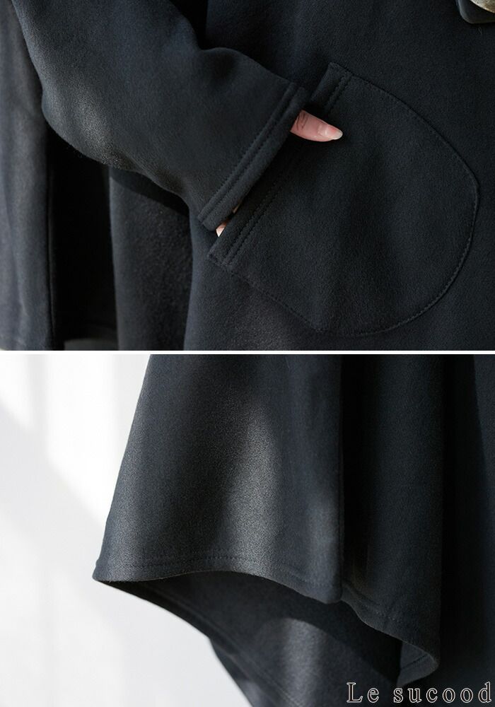Le sucood 黒無地ポンチョパーカー マントジャケット モモンガ