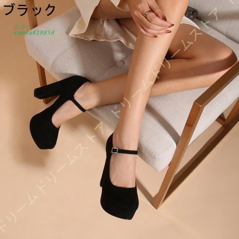 アンクルストラップ パンプス おしゃれ かわいい 厚底 太ヒール フェミニン 脱げない レトロパンプス ラウンドトゥ スウェード 痛くない 12CM 幅広 ハイヒール am4a419858
