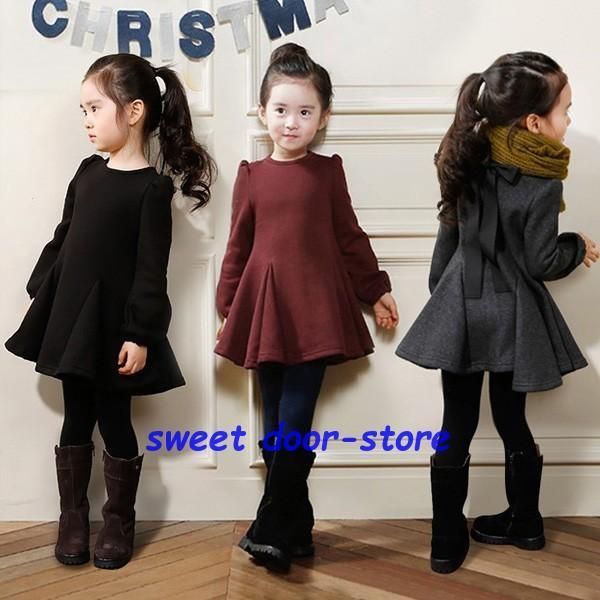 子供服 長袖ワンピース＆レギンス　リボン付き 裏起毛 セットアップ ３色 子ども服 秋 冬 女の子 キッズ用100cm 110cm-160cm 上下セット 2セット