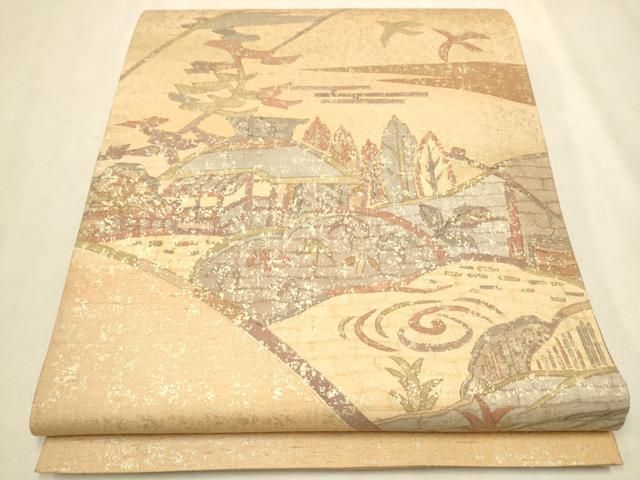 平和屋着物●石川県指定無形文化財　牛首紬　白山工房　手織り　太鼓柄袋帯　飛鳥風景文　銀彩　正絹　逸品　CAAV6812hy 平和屋着物○石川県指定無形文化財 牛首紬 白山工房 手織り 太鼓