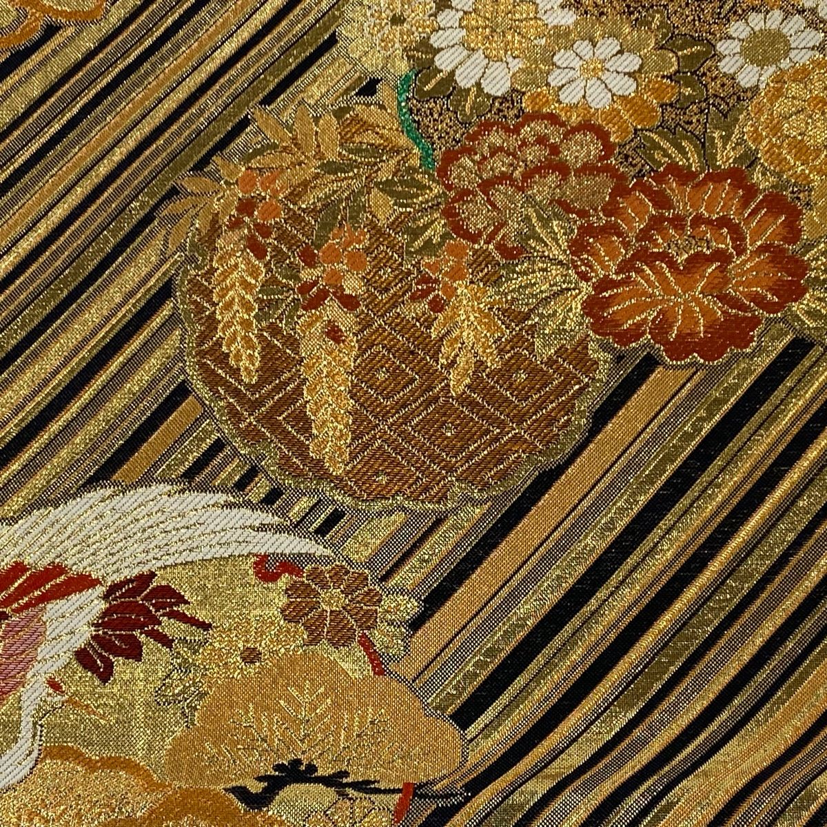 袋帯 美品 秀品 鶴 牡丹 箔 金色 六通 正絹 【中古】 - メルカリ