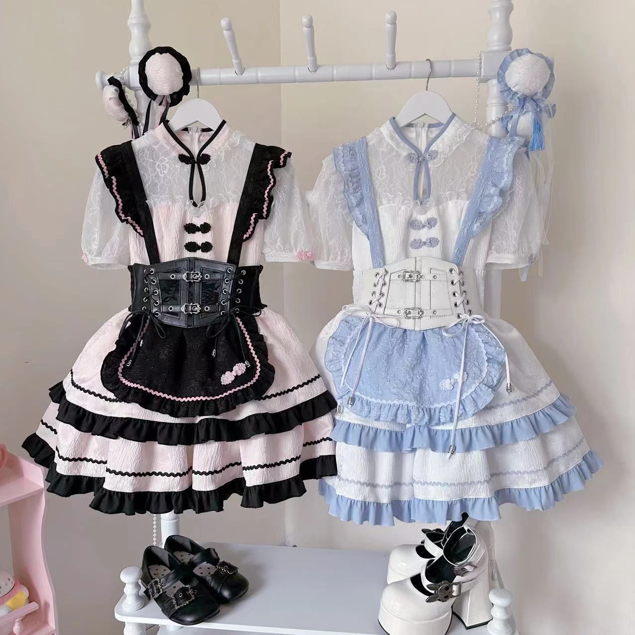 双刀甜華 中華風デザイン ロリータドレスです 洋装 短袖 OP ワンピース ブルー ブラックピンク 二色展開 着物風スタイル スカート付き 豪華デザイン イベント用 撮影会 推し活 仮装 衣装 プレゼントにも最適