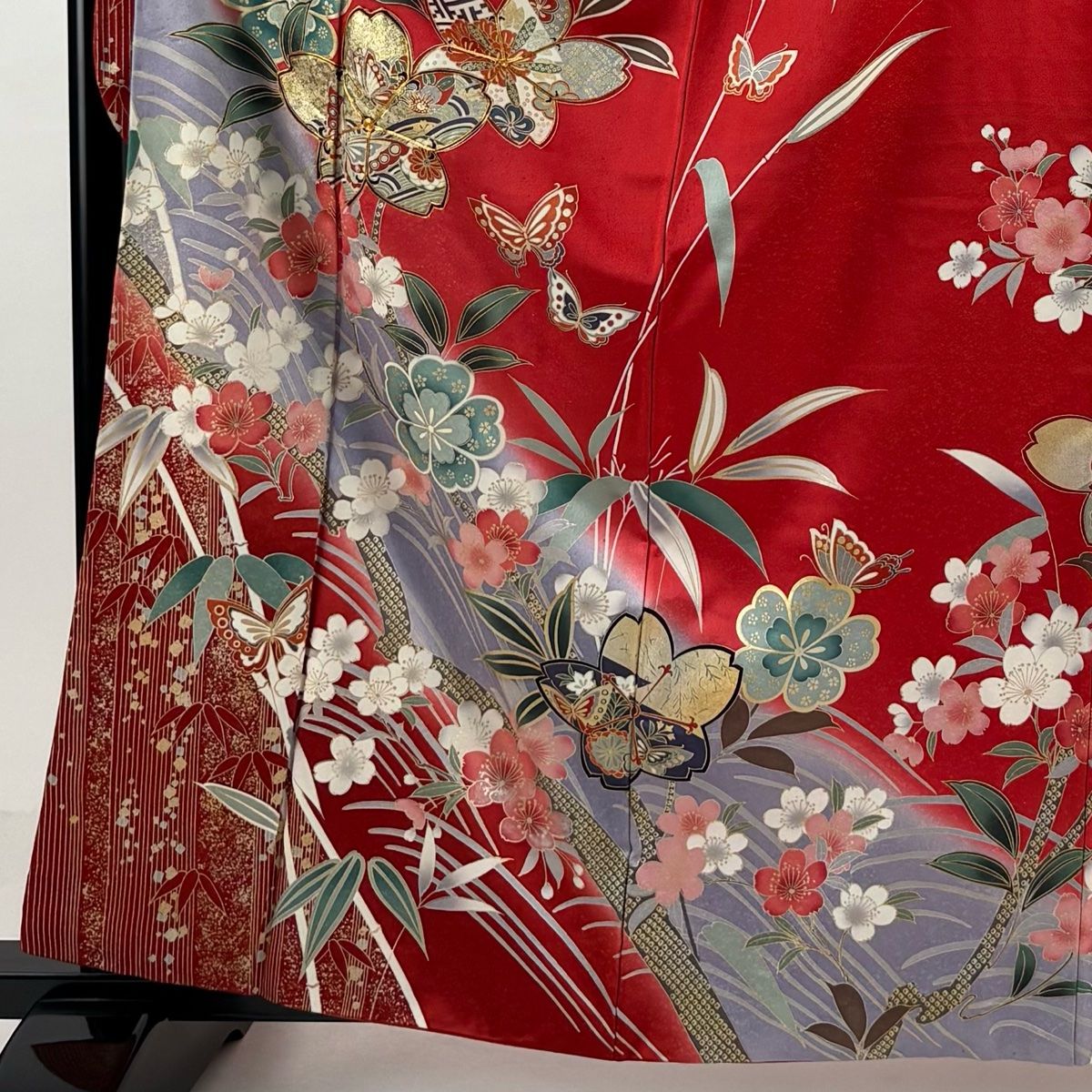 振袖 ⭐️身丈174.5cm L 袷 蝶 薔薇 金彩 赤 正絹 秀品 【中古】