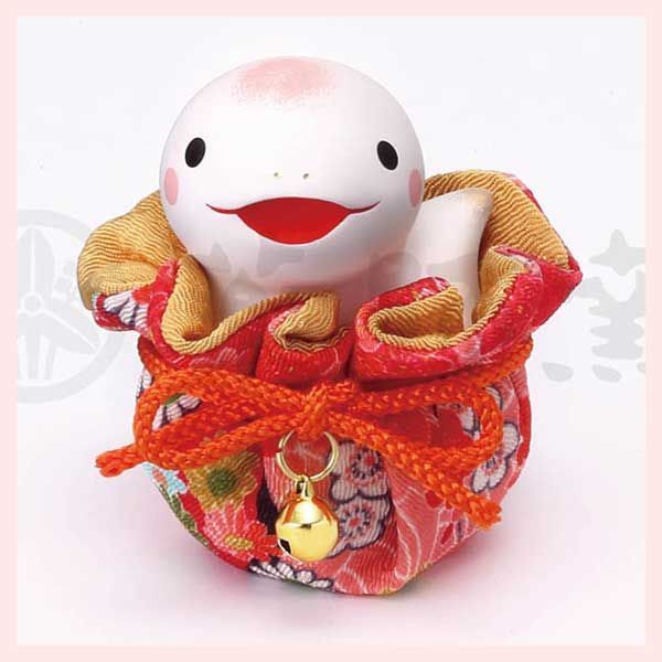 錦彩　招福巳（ふく福巾着）　92　※陶器,置物,飾り,開運招福,巳年,縁起物,和,民芸品,工芸品,日本,雑貨,レトロモダン,オブジェ,かわいい,可愛い,十二支,干支,お正月,迎春,へび,白蛇,2025年,令和7年