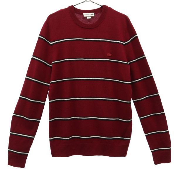 ラコステ ボーダー 長袖 ウール100％ ニット S レッド LACOSTE セーター ロゴワッペン メンズ 古着 【231104】