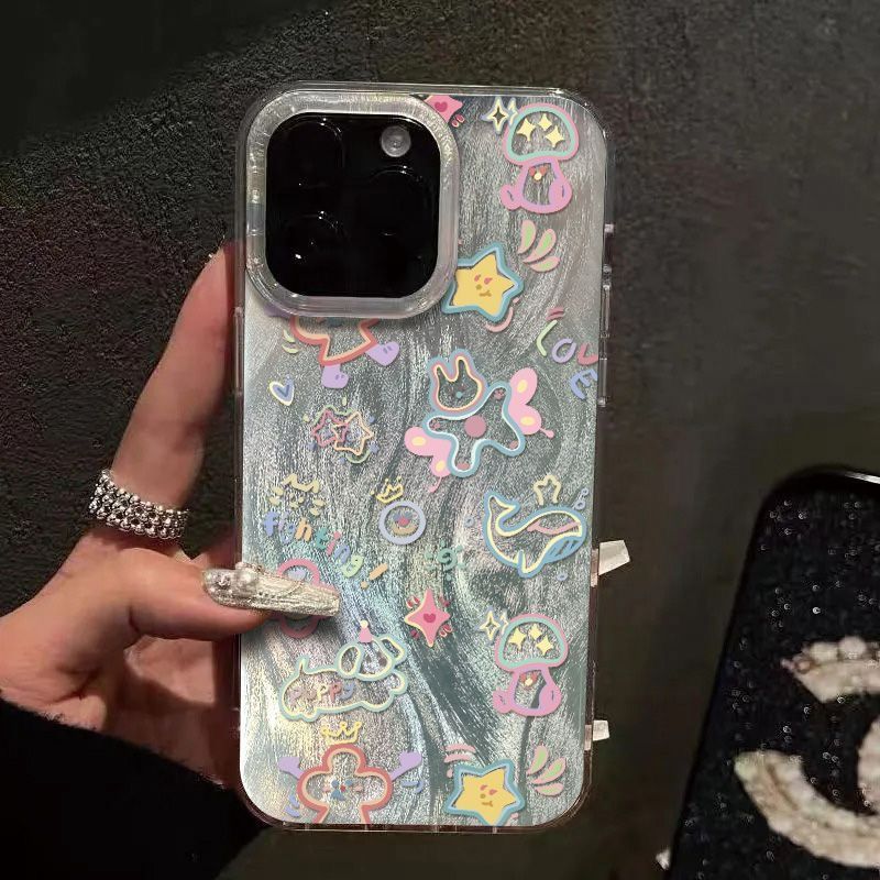 スマホケース　カラフル　落書きスタイル　シルバー