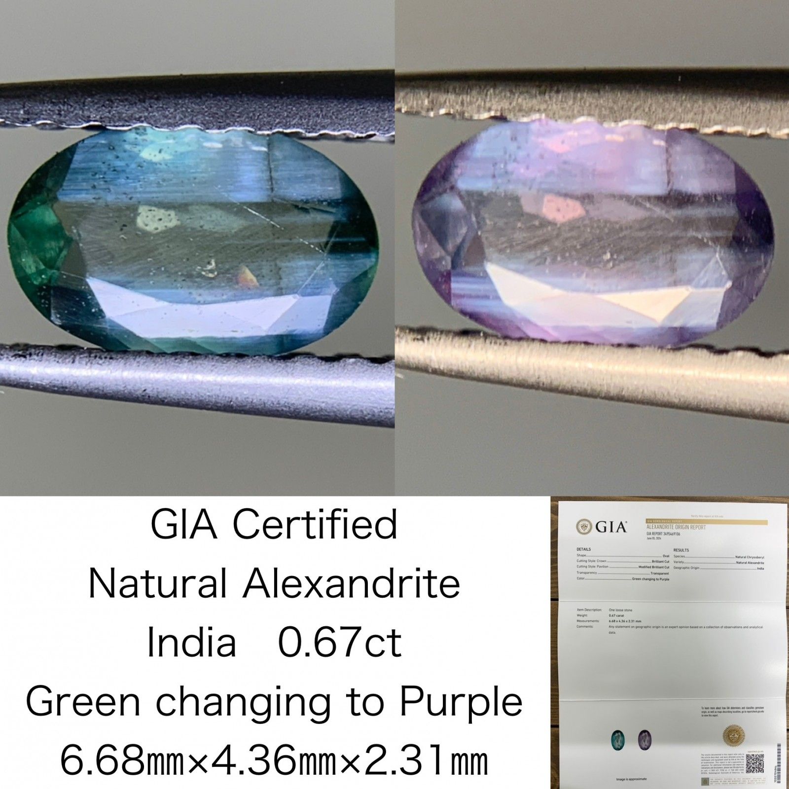 アレキサンドライト 0.67ct GIA宝石鑑別書付き India Green changing to Purple 6.68㎜×4.36㎜×2.31㎜ ルース 裸石 1722Y