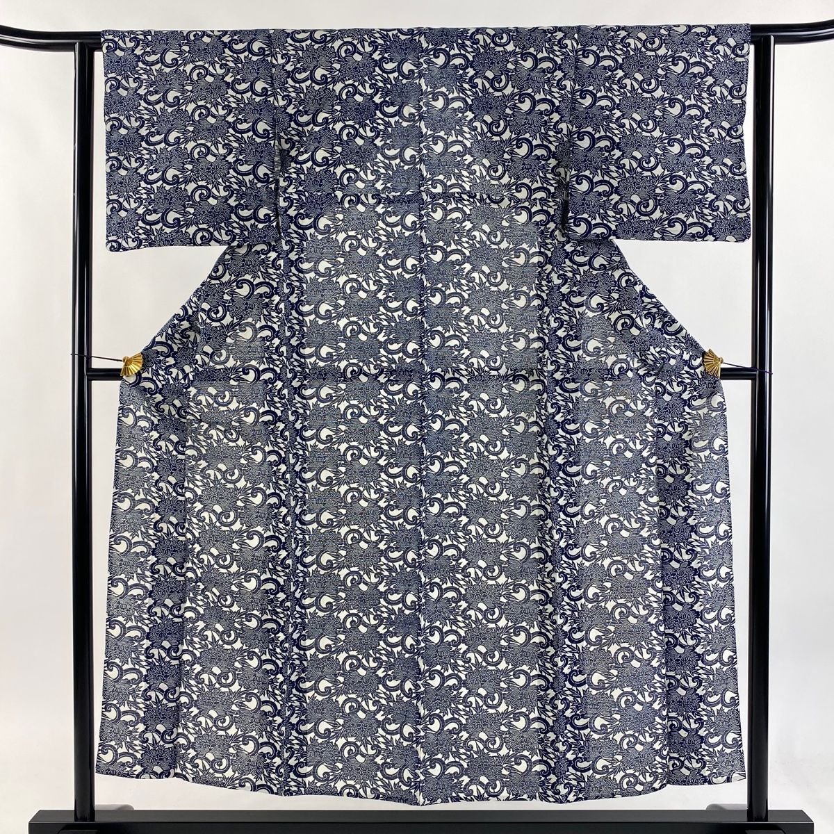 小紋 身丈154cm 裄丈61.5cm S 薄物 絽 花唐草 藍色 綿 秀品