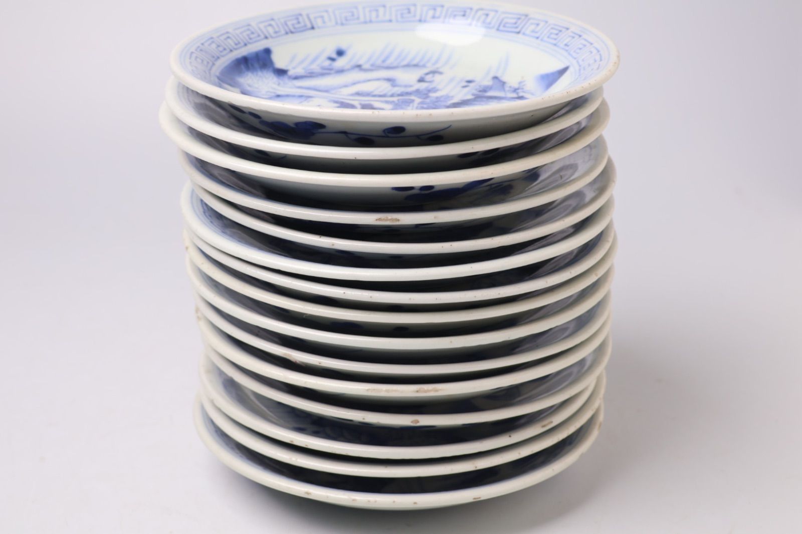 854 染付 山水 亀山焼 骨董 アンティーク 中皿 5寸皿 15枚セット