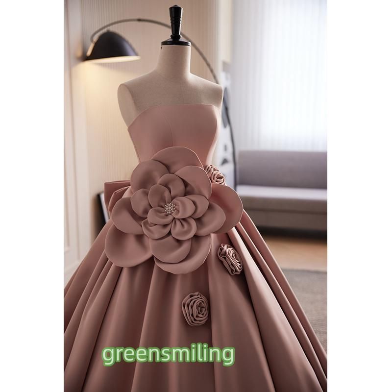 カラードレス 編み上げ ピンク ビスチェ フラワー ロングドレス 結婚式