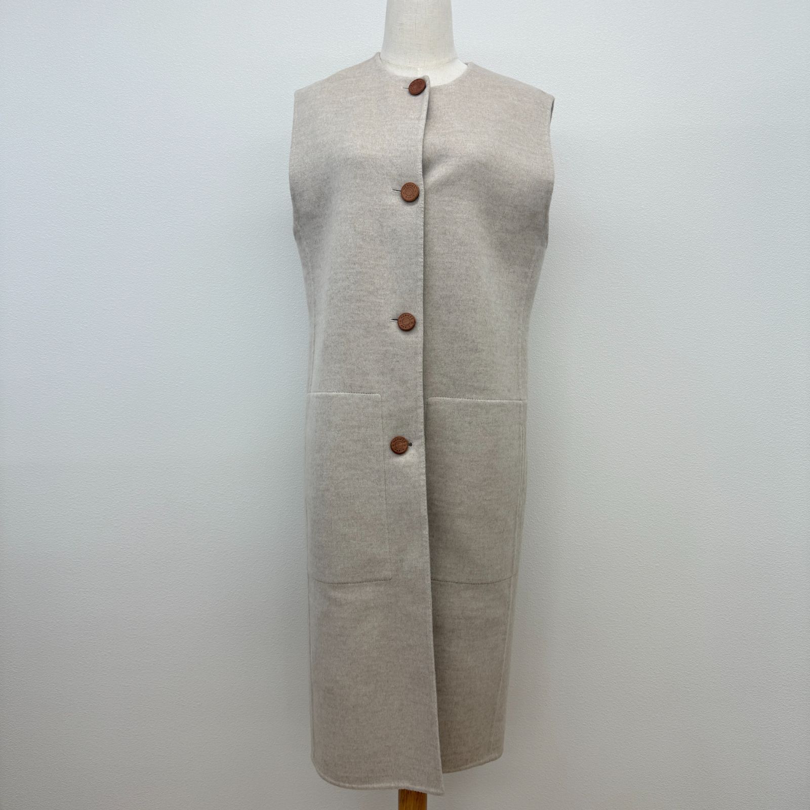 鑑定済み エルメス ジレ 40 11号程度 ベージュ ブラウン カシミア セリエボタン アウター ロング ベスト 秋冬