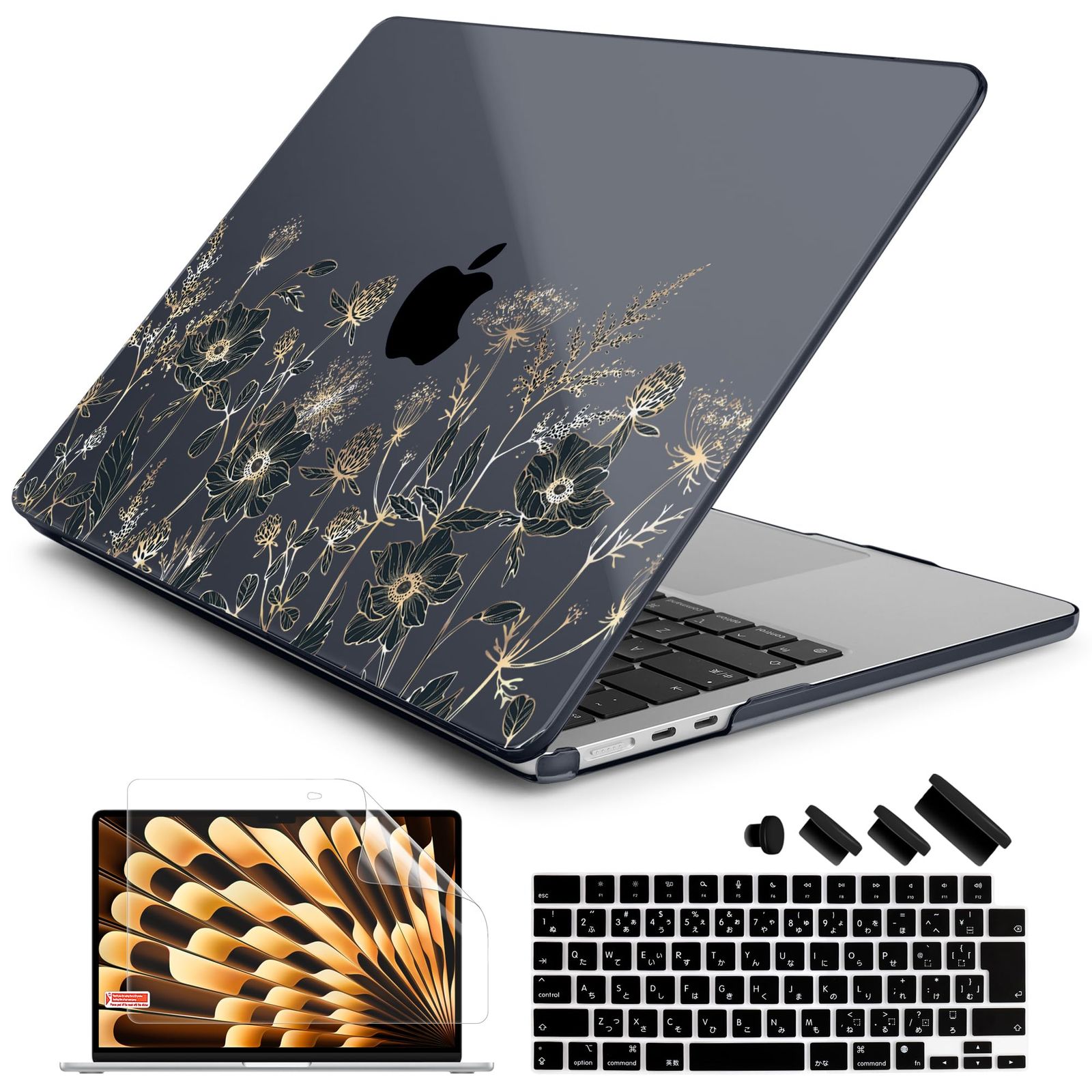 全国無料，定番 新品 Batianda 2025発売MacBook Air 15 M4 A3241専用 軽量携帯保護ケース+スクリーン保護フィルム+日本語キーボードカバー、美しい花々 その他ノートPCアクセサリー