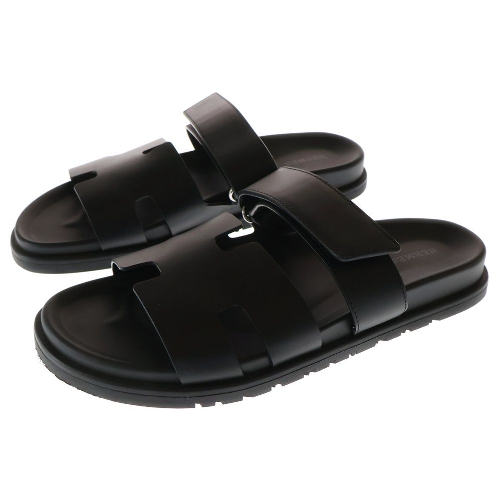 HERMES エルメス シプレ Hロゴ ラバー レザー ベルクロ フラットサンダル ブラック