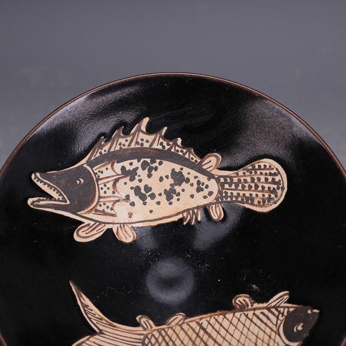 宋代吉州窯黒釉彩画魚紋斗笠碗 茶器 景徳鎮 陶磁器 装飾品現代工芸品美術品 置物 宋代吉州窯黒釉彩画魚紋斗笠碗 茶器 景徳鎮 陶磁器 装飾品現代