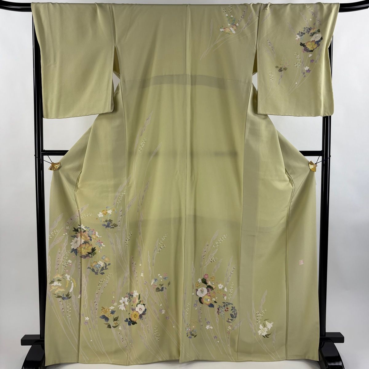 訪問着 身丈169cm 裄丈69cm L 袷 落款 花丸文 菊 抹茶色 正絹 名品