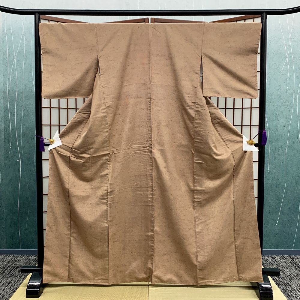 証紙付 リサイクル着物 牛首紬 袷 雪輪 ドット ベージュ 女性用