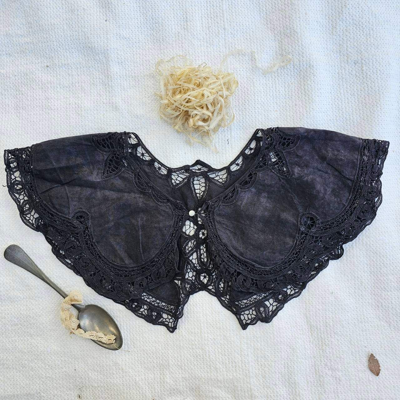 Euro ヨーロッパヴィンテージ white batten lace big collar バテンレースの大きなつけ襟 ♥に近い|後染め ブラック