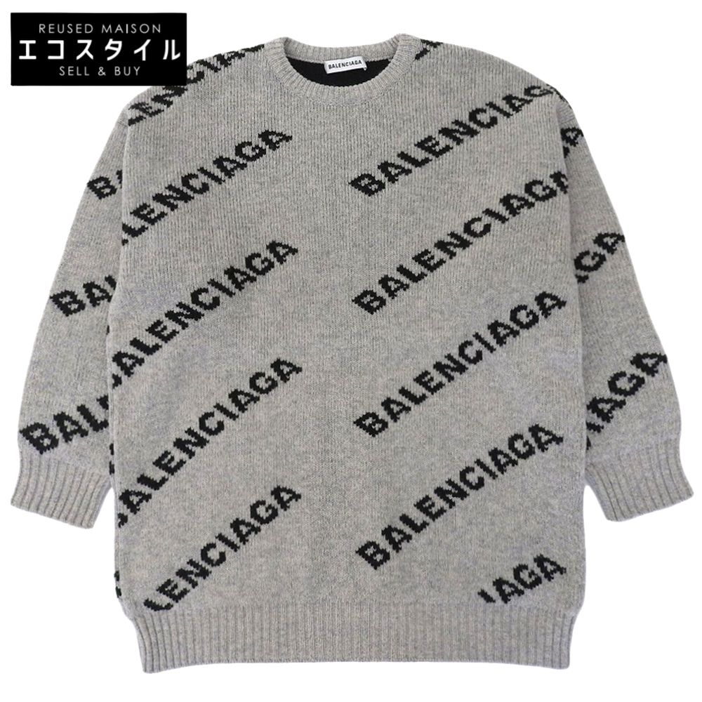 BALENCIAGA バレンシアガ ALL OVER LOGO JACQUARED KNIT オールオーバーロゴ ジャガードニット ウール混 グレー S 555273 T1471 S