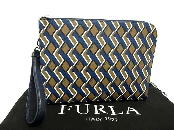 FURLA フルラ MAN PROJECT レザー 総柄 クラッチバッグ セカンドバッグ メンズ カーキ系×ネイビー系 FJ7604